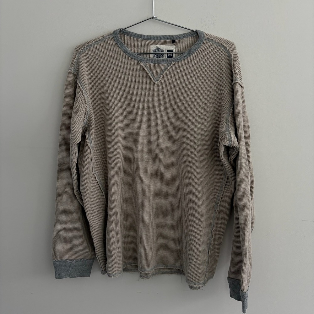 Indigo Palms Mens Waffle Knit Thermal Shirt Tan Grey Long Sleeve Crew Neck M